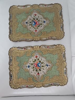 Vintage Decorative Florentine Wood Serving Trays - Green and Gold (Set of 2)